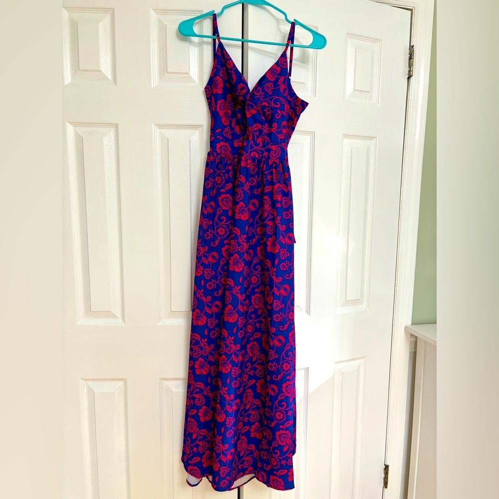Blue and pink maxi dress.